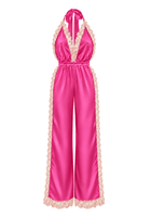 Hot Pink Long Open Leg Halter Neck Romper - Noblesse Oblige Lingerie