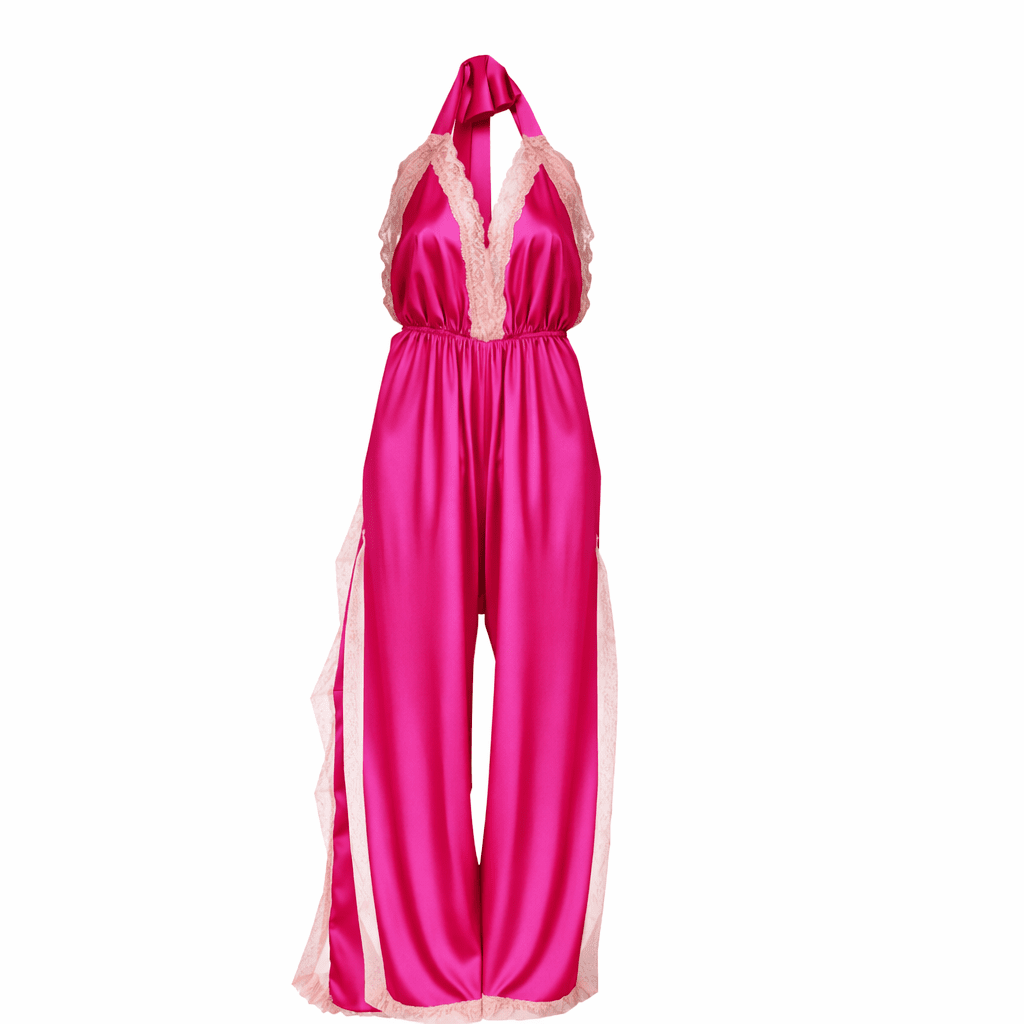 Hot Pink Long Open Leg Halter Neck Romper - Noblesse Oblige Lingerie