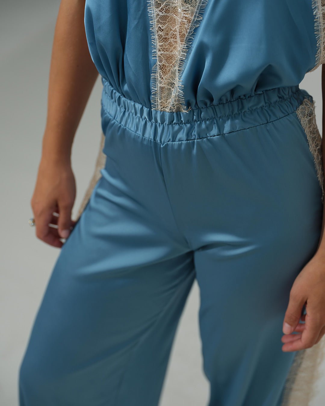 Duck Egg Long Open Leg Halter Neck Romper - Noblesse Oblige Lingerie