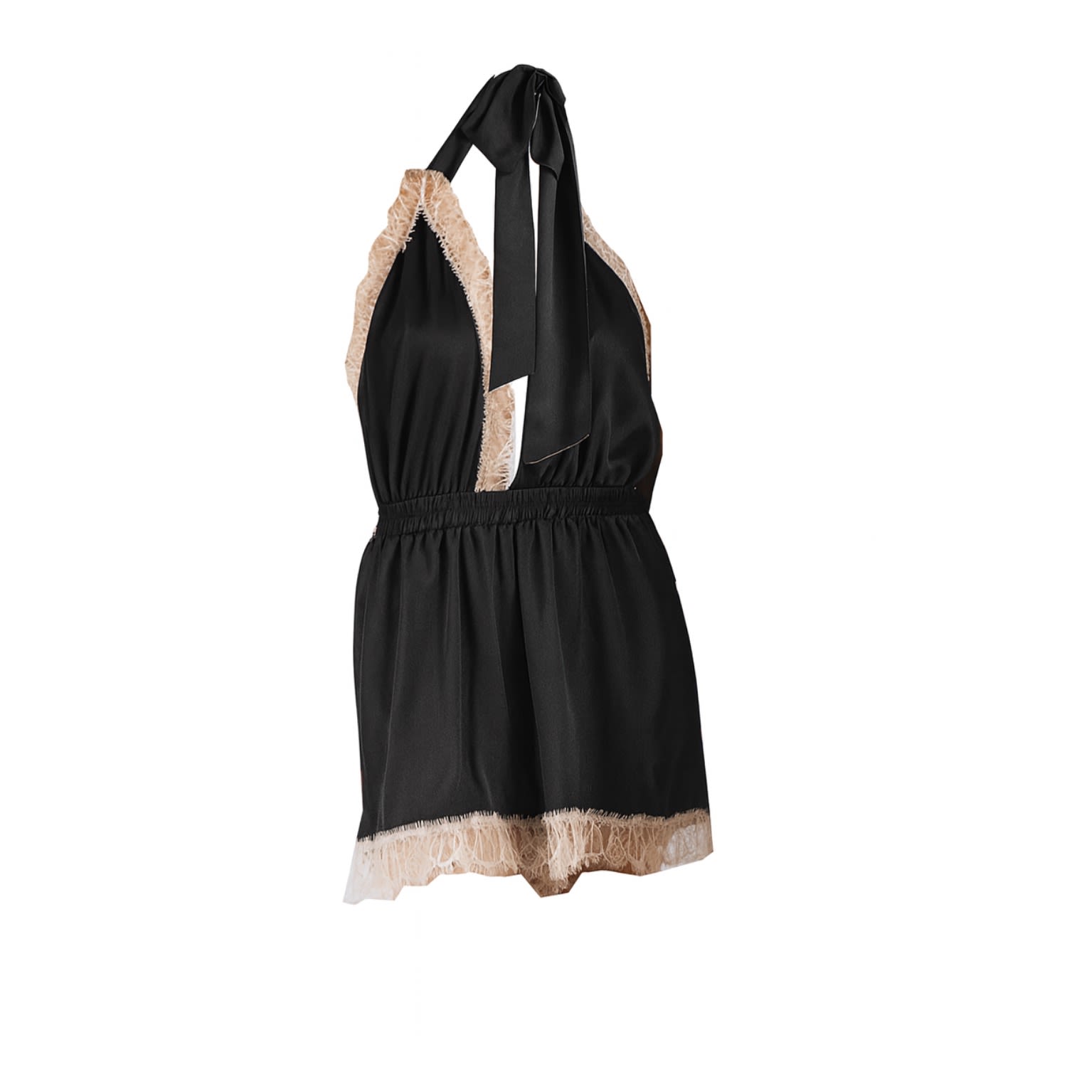 Black Lace Trimmed Halter Neck Short Romper - Noblesse Oblige Lingerie