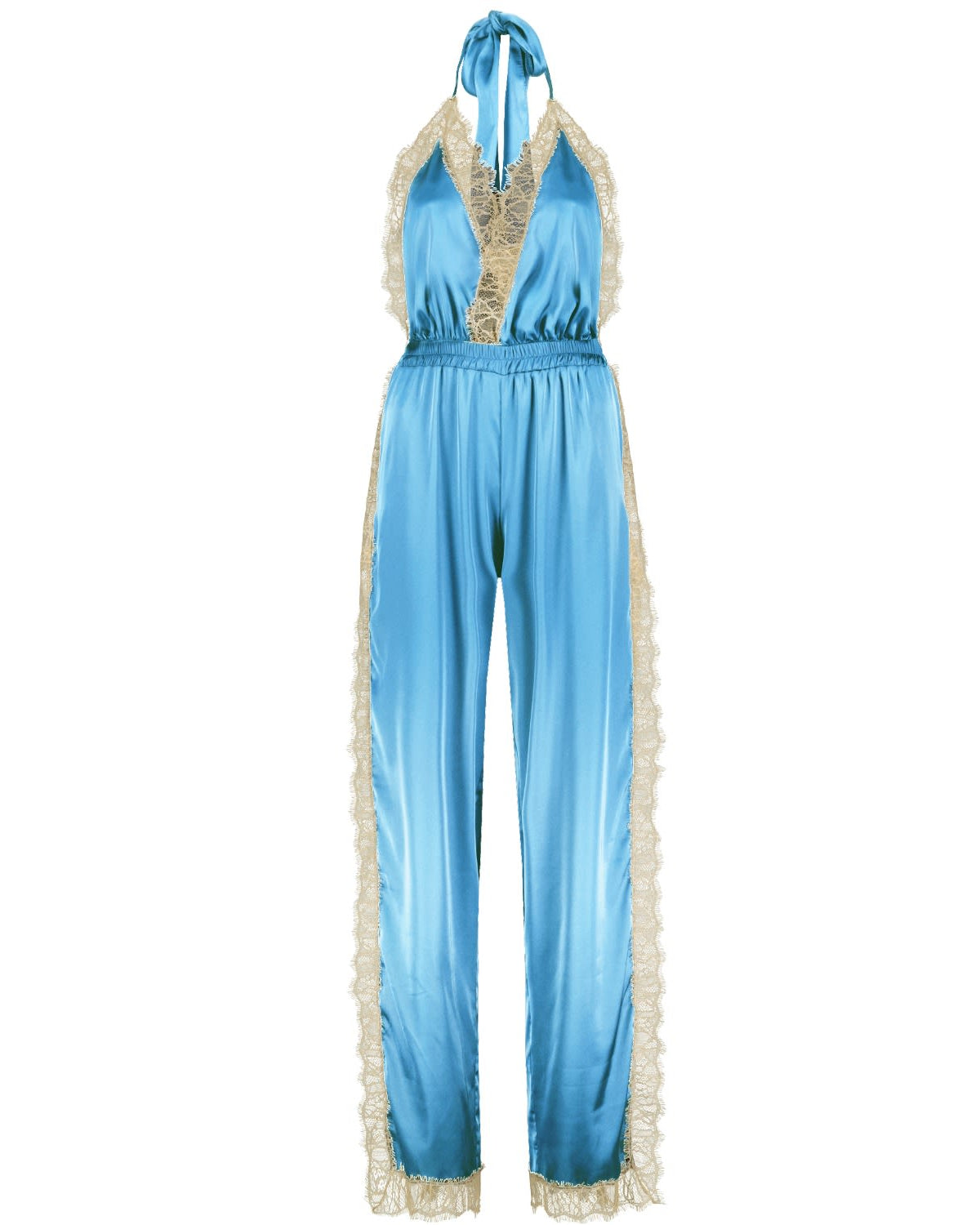Duck Egg Long Open Leg Halter Neck Romper - Noblesse Oblige Lingerie