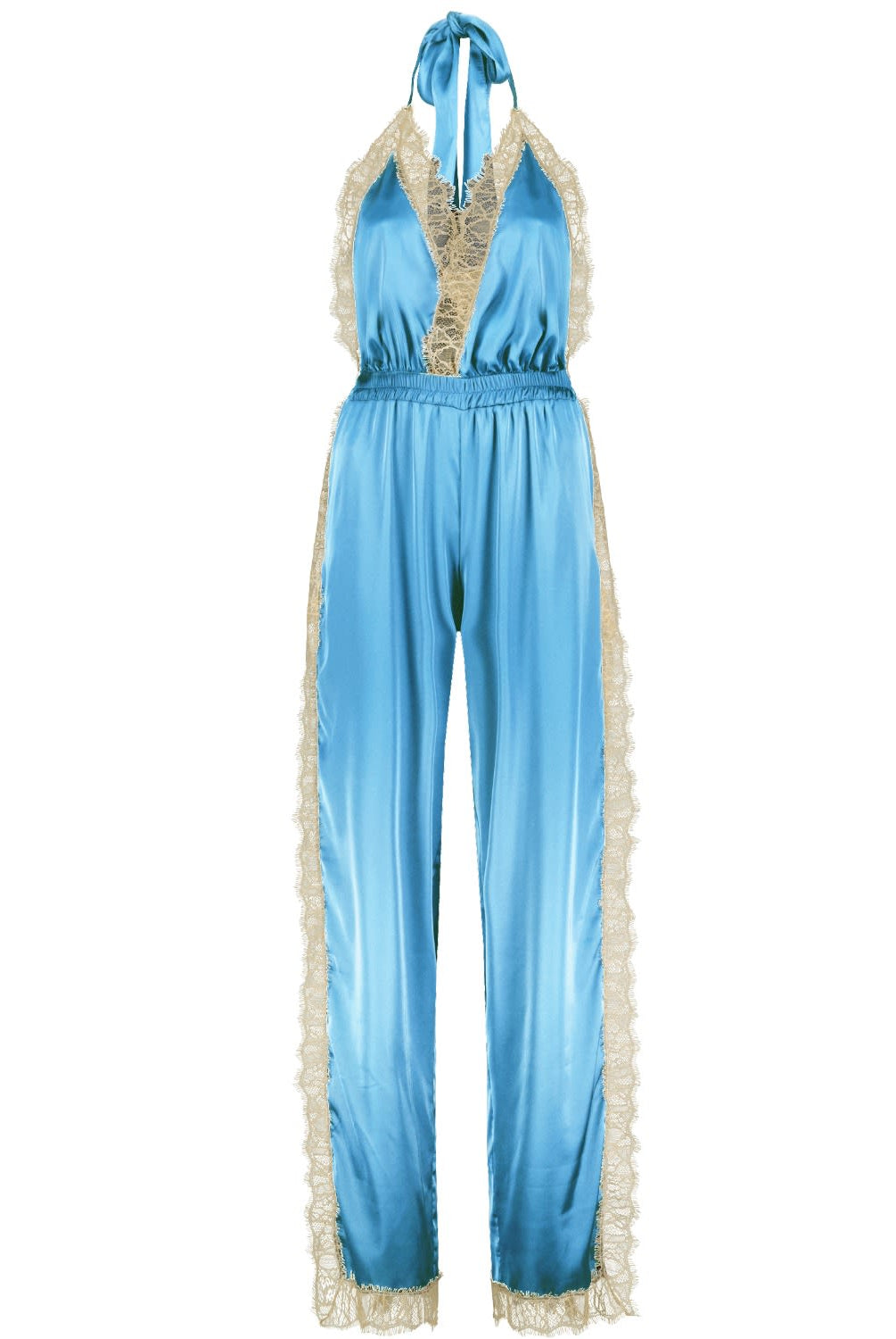 Duck Egg Long Open Leg Halter Neck Romper - Noblesse Oblige Lingerie