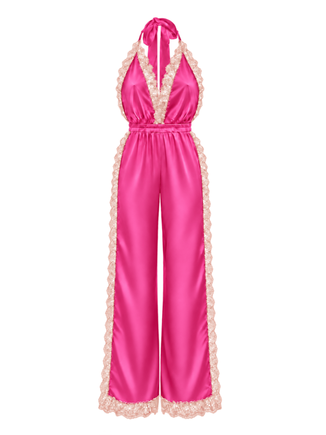 Hot Pink Long Open Leg Halter Neck Romper - Noblesse Oblige Lingerie