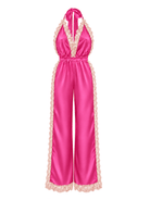 Hot Pink Long Open Leg Halter Neck Romper - Noblesse Oblige Lingerie
