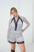 Mesh small black polka dot on white mesh - Noblesse Oblige Lingerie