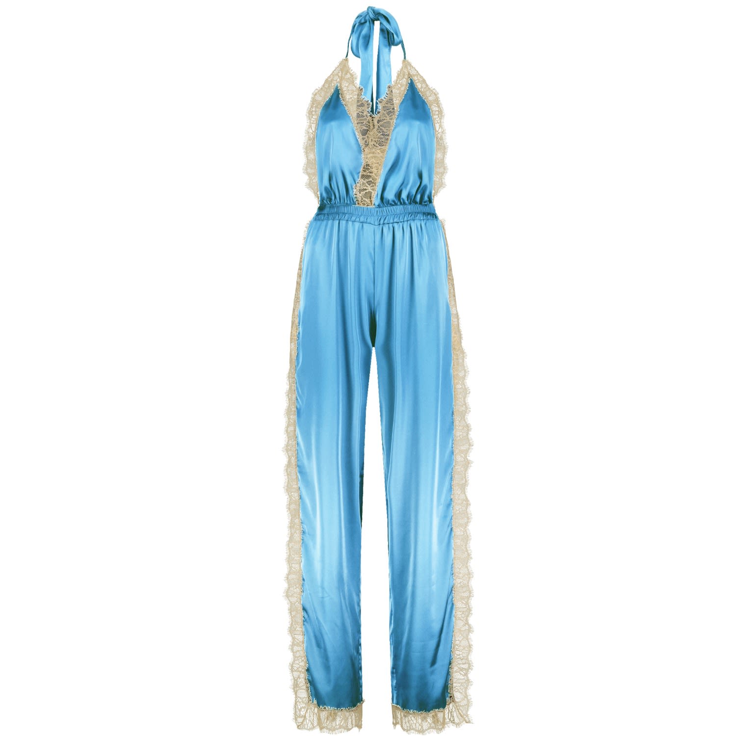 Duck Egg Long Open Leg Halter Neck Romper - Noblesse Oblige Lingerie